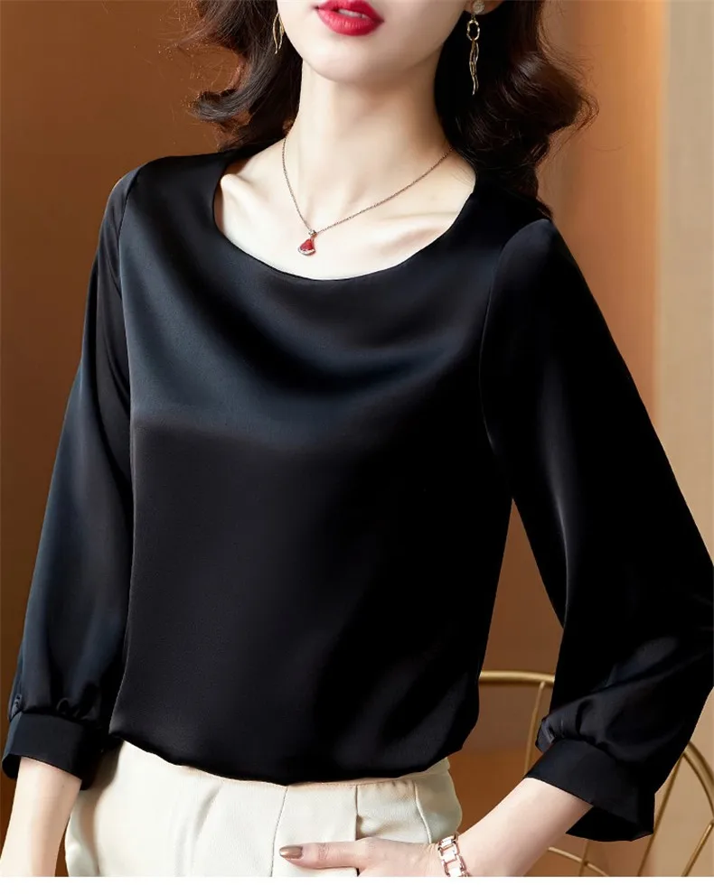 Silk Shirts Women nine quarter Sleeve Shirts Women Satin Clothing Shirt Office Lady Solid Silk Blouse 2026 Fashion Top mujer
