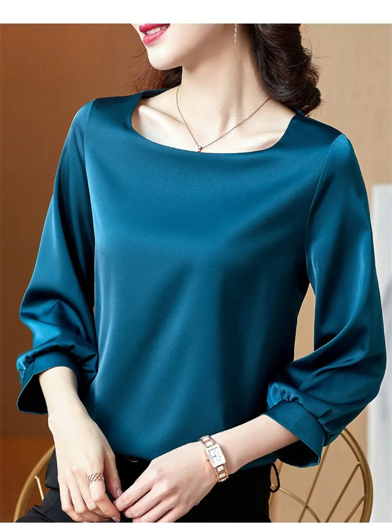 Silk Shirts Women nine quarter Sleeve Shirts Women Satin Clothing Shirt Office Lady Solid Silk Blouse 2026 Fashion Top mujer