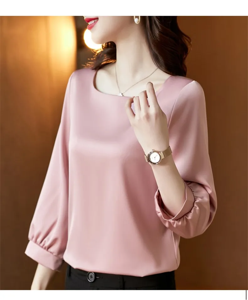 Silk Shirts Women nine quarter Sleeve Shirts Women Satin Clothing Shirt Office Lady Solid Silk Blouse 2026 Fashion Top mujer