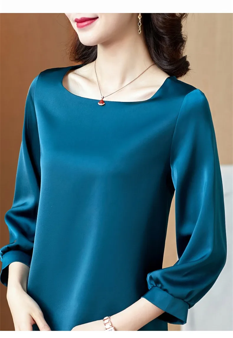 Silk Shirts Women nine quarter Sleeve Shirts Women Satin Clothing Shirt Office Lady Solid Silk Blouse 2026 Fashion Top mujer