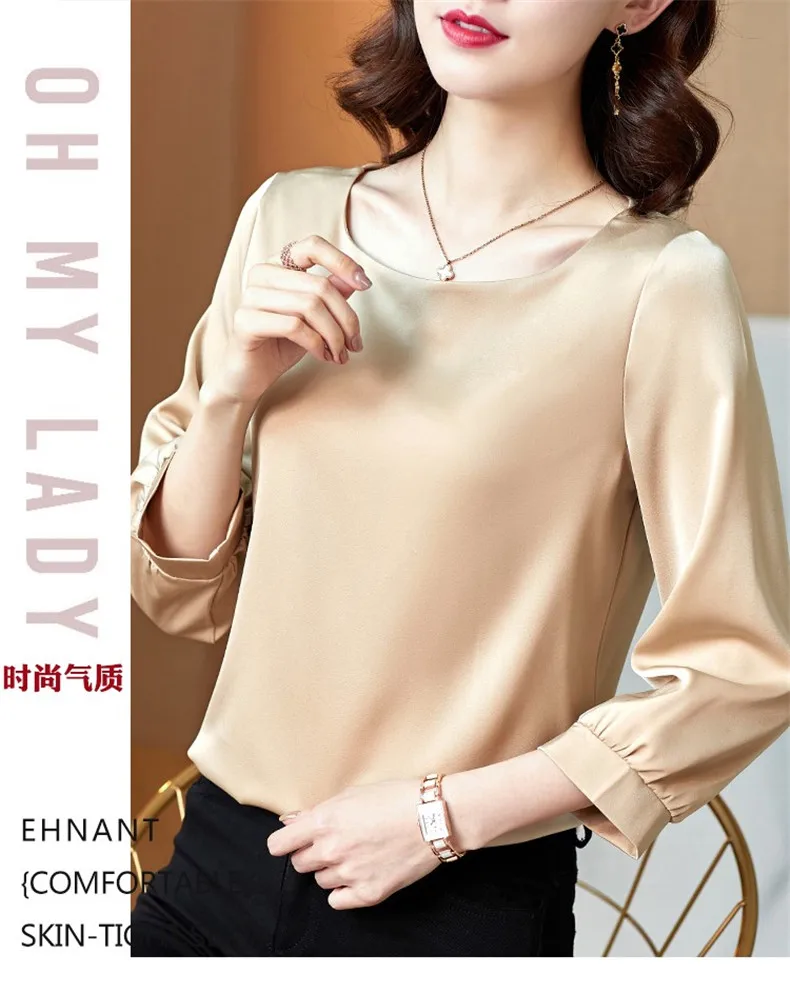 Silk Shirts Women nine quarter Sleeve Shirts Women Satin Clothing Shirt Office Lady Solid Silk Blouse 2026 Fashion Top mujer
