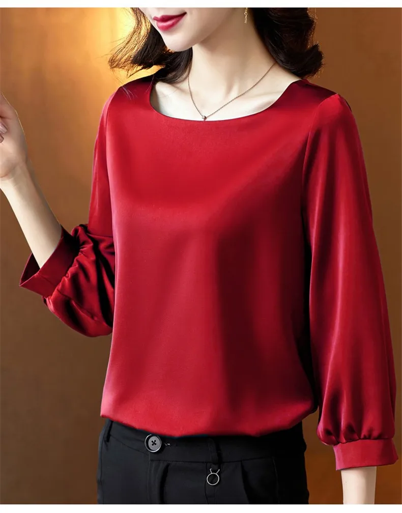 Silk Shirts Women nine quarter Sleeve Shirts Women Satin Clothing Shirt Office Lady Solid Silk Blouse 2026 Fashion Top mujer