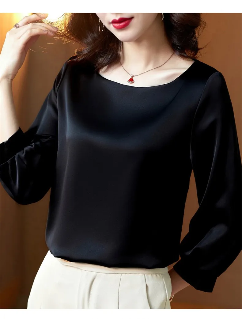 Silk Shirts Women nine quarter Sleeve Shirts Women Satin Clothing Shirt Office Lady Solid Silk Blouse 2026 Fashion Top mujer