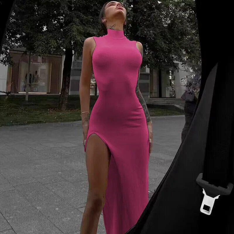 Rose Red New Year Christmas Party Long Dresses Women Spring Basic Bodycon Lace Stretch Slim Sleeveless High Slit Maxi Dress Y2k