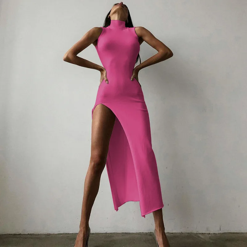 Rose Red New Year Christmas Party Long Dresses Women Spring Basic Bodycon Lace Stretch Slim Sleeveless High Slit Maxi Dress Y2k