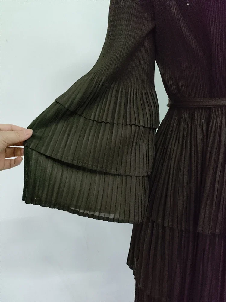 YUDX Miyake Pleated Spliced Ruffles Trench Coat Women Lapel Full Flare Sleeve Single Button Solid Color New 2025 Outwear Tops