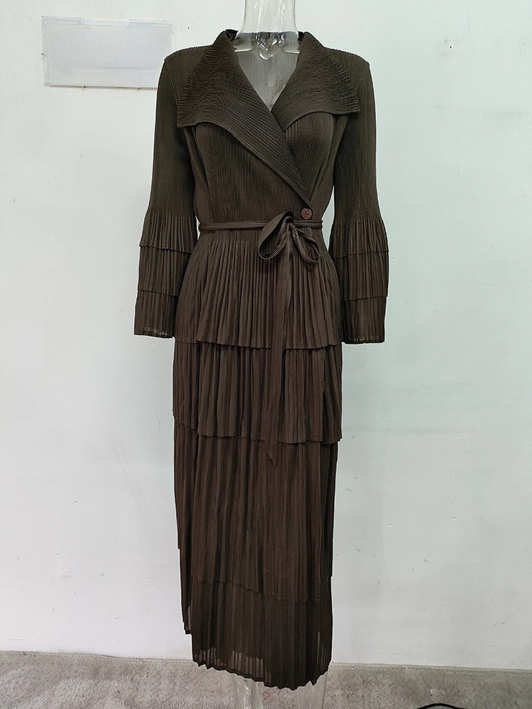 YUDX Miyake Pleated Spliced Ruffles Trench Coat Women Lapel Full Flare Sleeve Single Button Solid Color New 2025 Outwear Tops