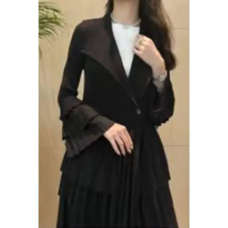 YUDX Miyake Pleated Spliced Ruffles Trench Coat Women Lapel Full Flare Sleeve Single Button Solid Color New 2025 Outwear Tops