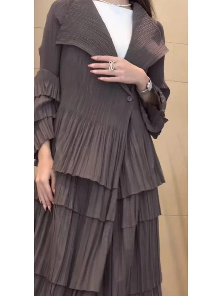 YUDX Miyake Pleated Spliced Ruffles Trench Coat Women Lapel Full Flare Sleeve Single Button Solid Color New 2025 Outwear Tops