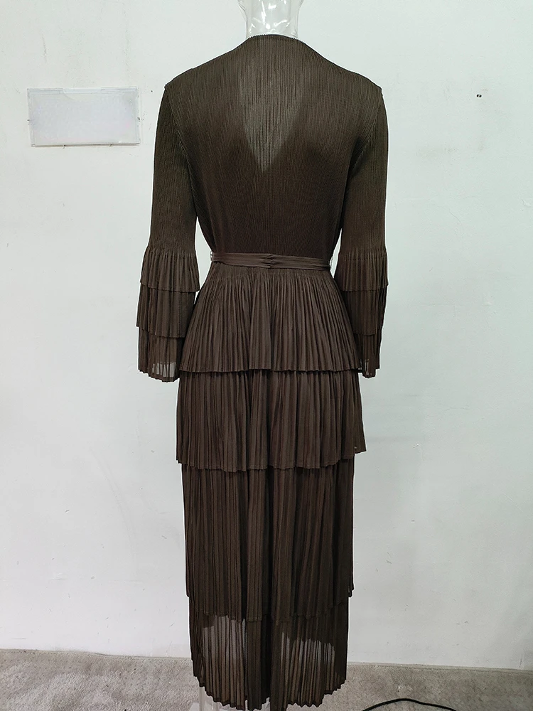 YUDX Miyake Pleated Spliced Ruffles Trench Coat Women Lapel Full Flare Sleeve Single Button Solid Color New 2025 Outwear Tops
