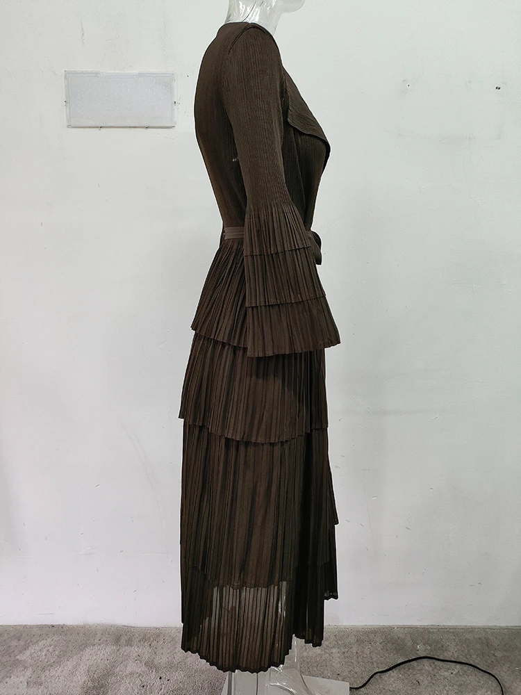 YUDX Miyake Pleated Spliced Ruffles Trench Coat Women Lapel Full Flare Sleeve Single Button Solid Color New 2025 Outwear Tops