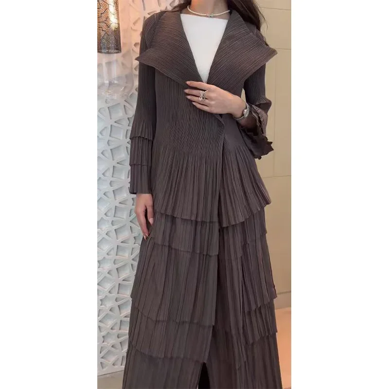 YUDX Miyake Pleated Spliced Ruffles Trench Coat Women Lapel Full Flare Sleeve Single Button Solid Color New 2025 Outwear Tops