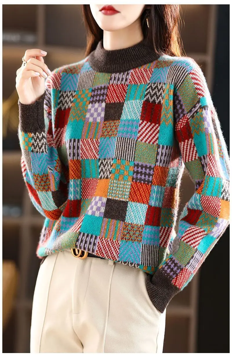 New Autumn Winter Thicken Warm Knitted Bottoms O-Neck Geometric Woman Pullovers Sweater Coat Fashion Female Casual Loose Jumpers