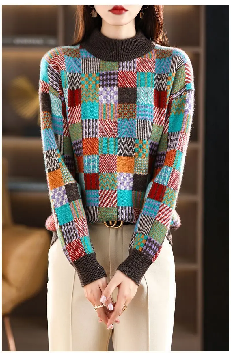 New Autumn Winter Thicken Warm Knitted Bottoms O-Neck Geometric Woman Pullovers Sweater Coat Fashion Female Casual Loose Jumpers