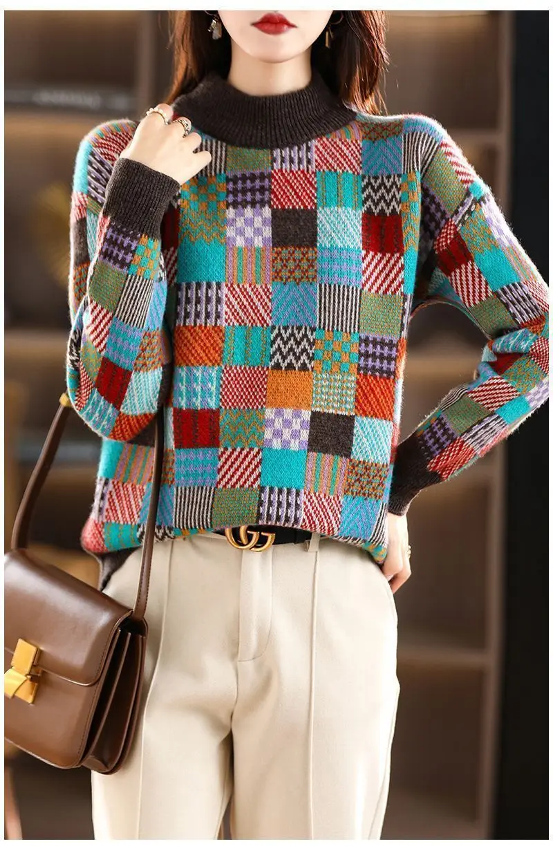 New Autumn Winter Thicken Warm Knitted Bottoms O-Neck Geometric Woman Pullovers Sweater Coat Fashion Female Casual Loose Jumpers