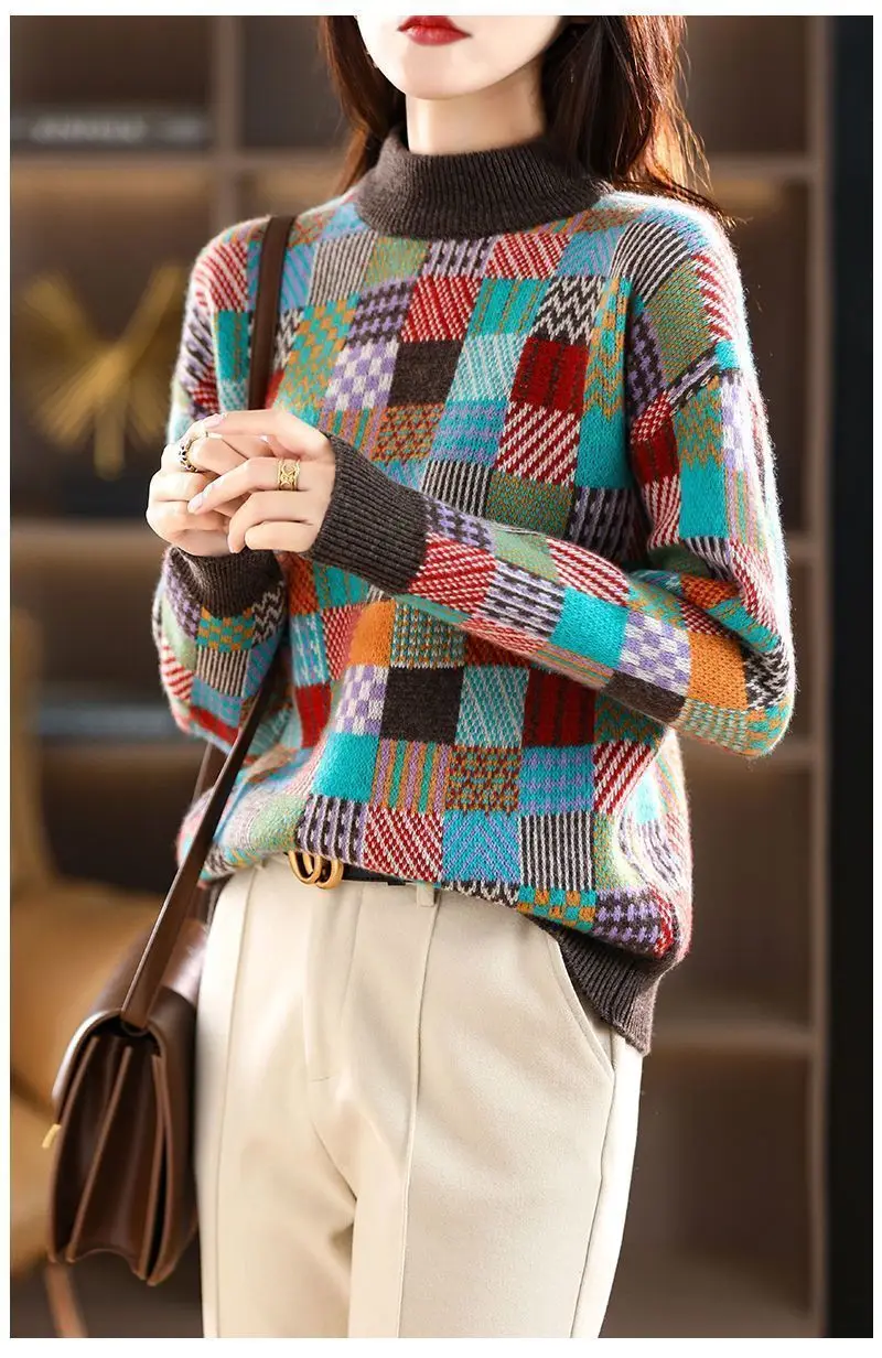 New Autumn Winter Thicken Warm Knitted Bottoms O-Neck Geometric Woman Pullovers Sweater Coat Fashion Female Casual Loose Jumpers