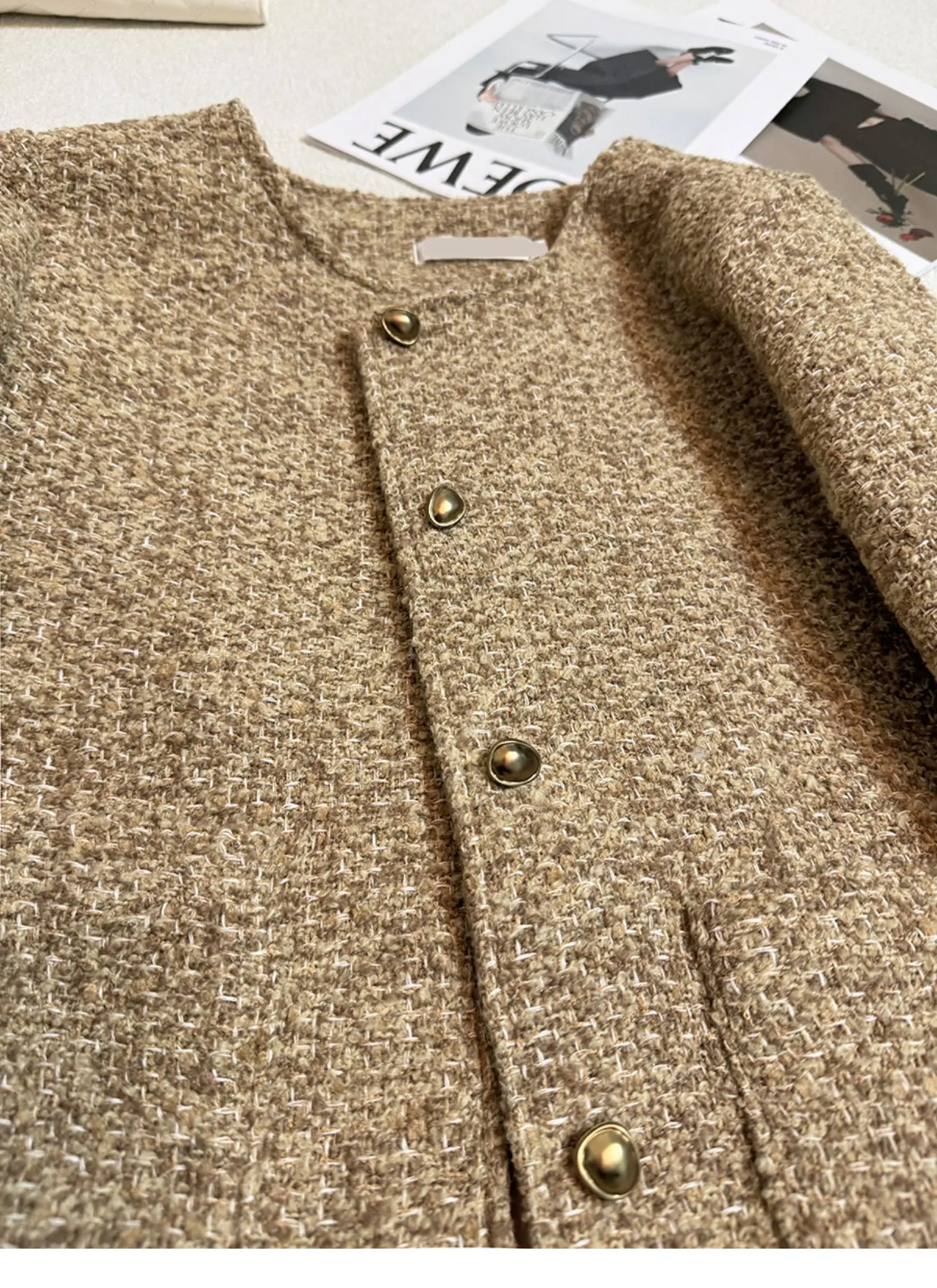 Plaid Woolen Jacket Pearl Buckle Short Coat Female Autumn And Winter Heavy Industry Houndstooth Striped Stitching Blazer Ladies
