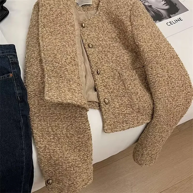 Plaid Woolen Jacket Pearl Buckle Short Coat Female Autumn And Winter Heavy Industry Houndstooth Striped Stitching Blazer Ladies