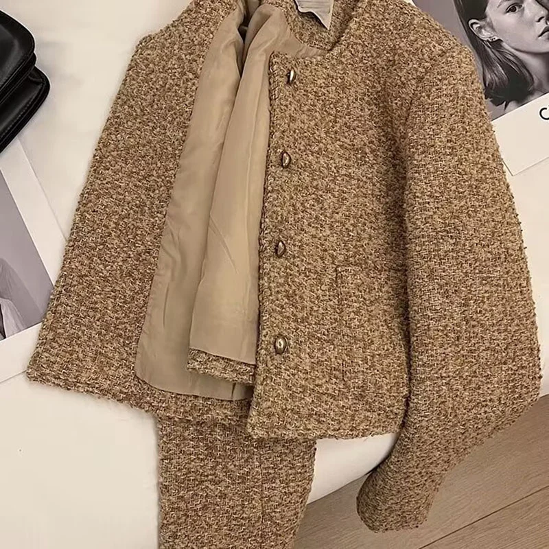 Plaid Woolen Jacket Pearl Buckle Short Coat Female Autumn And Winter Heavy Industry Houndstooth Striped Stitching Blazer Ladies