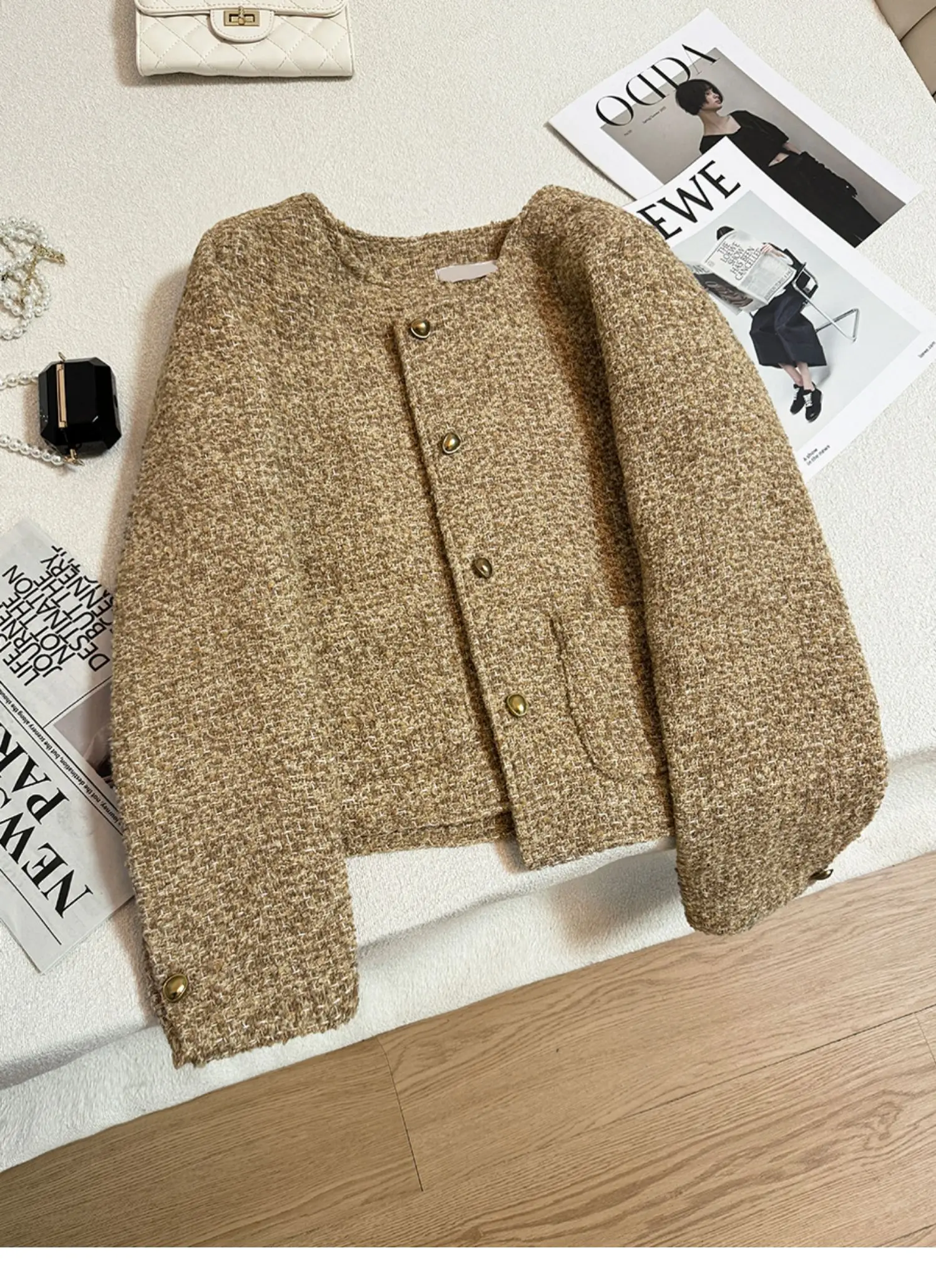 Plaid Woolen Jacket Pearl Buckle Short Coat Female Autumn And Winter Heavy Industry Houndstooth Striped Stitching Blazer Ladies