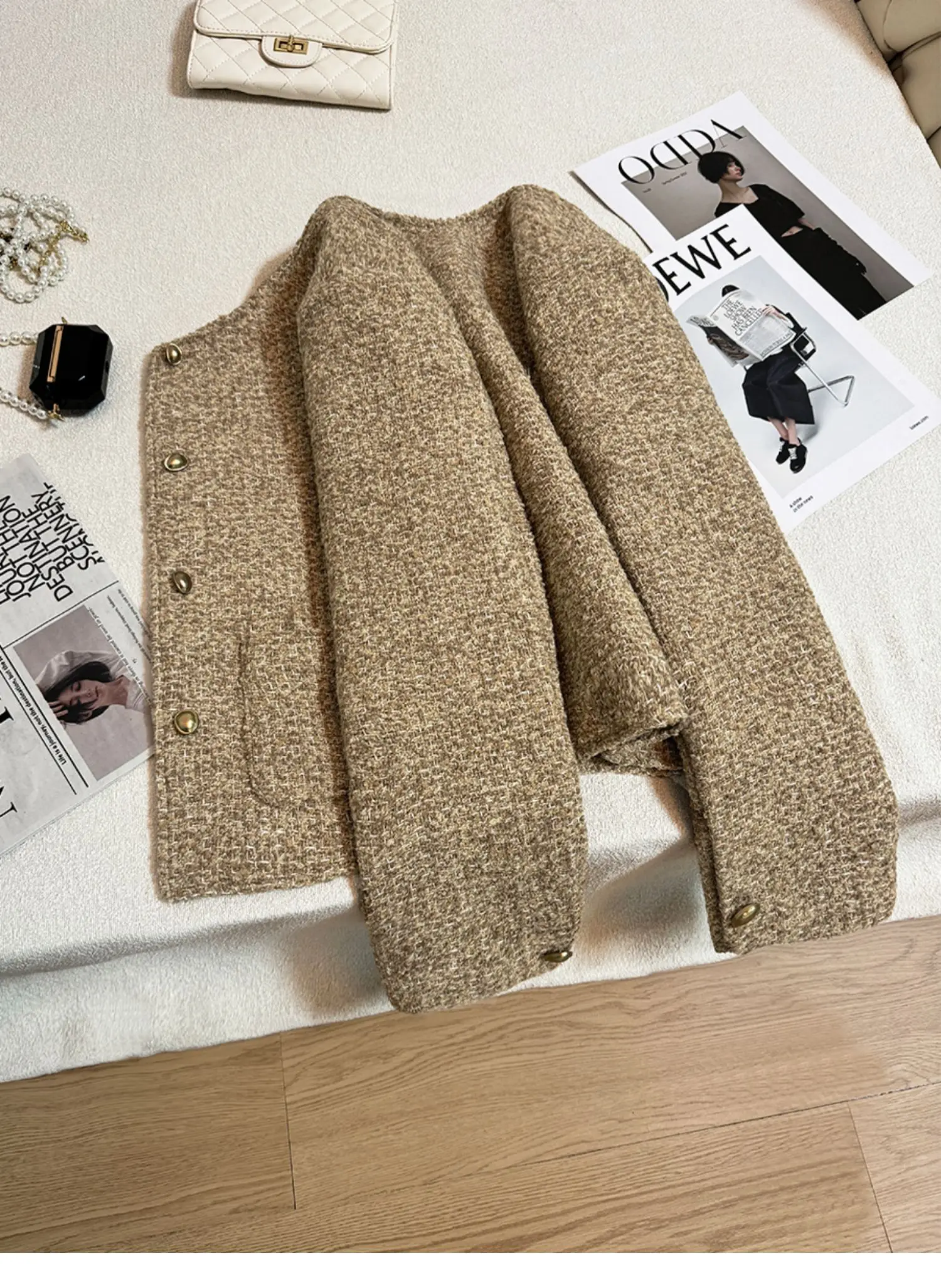 Plaid Woolen Jacket Pearl Buckle Short Coat Female Autumn And Winter Heavy Industry Houndstooth Striped Stitching Blazer Ladies