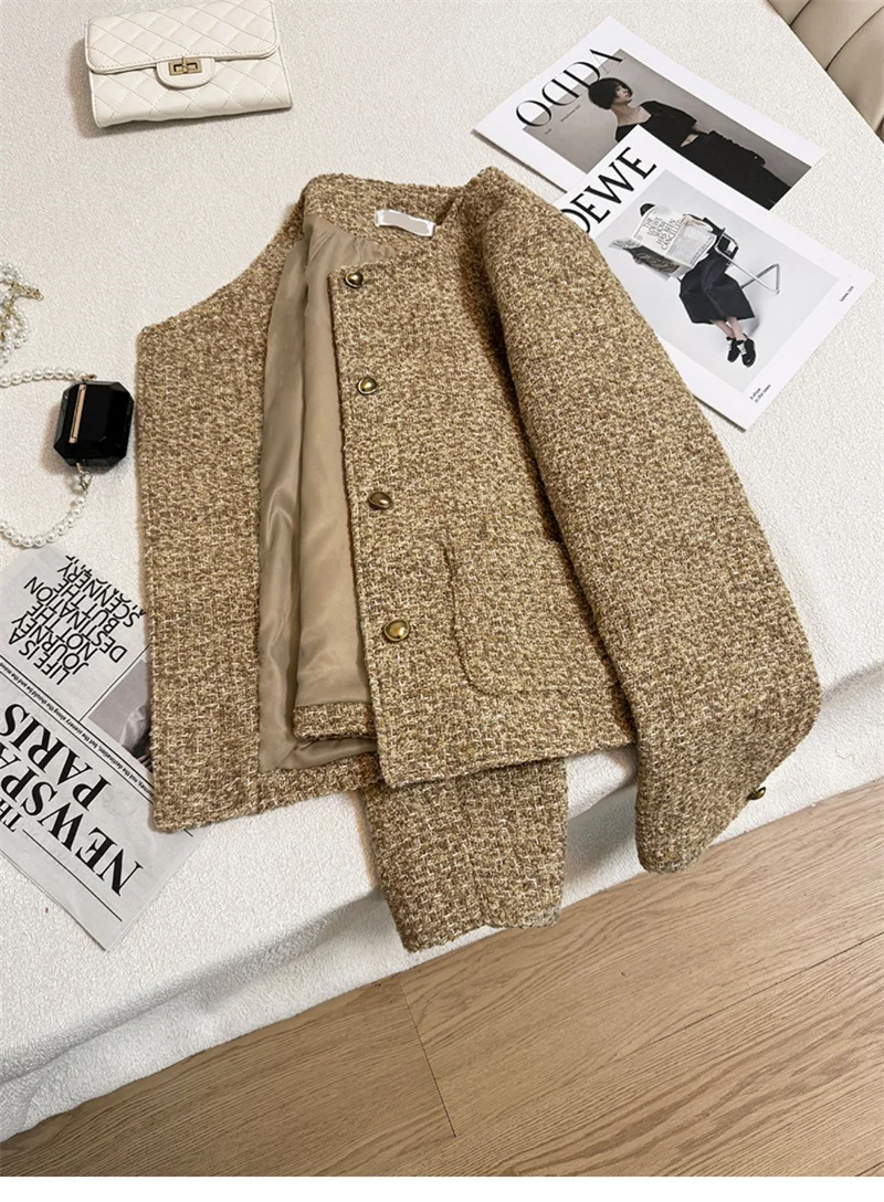 Plaid Woolen Jacket Pearl Buckle Short Coat Female Autumn And Winter Heavy Industry Houndstooth Striped Stitching Blazer Ladies