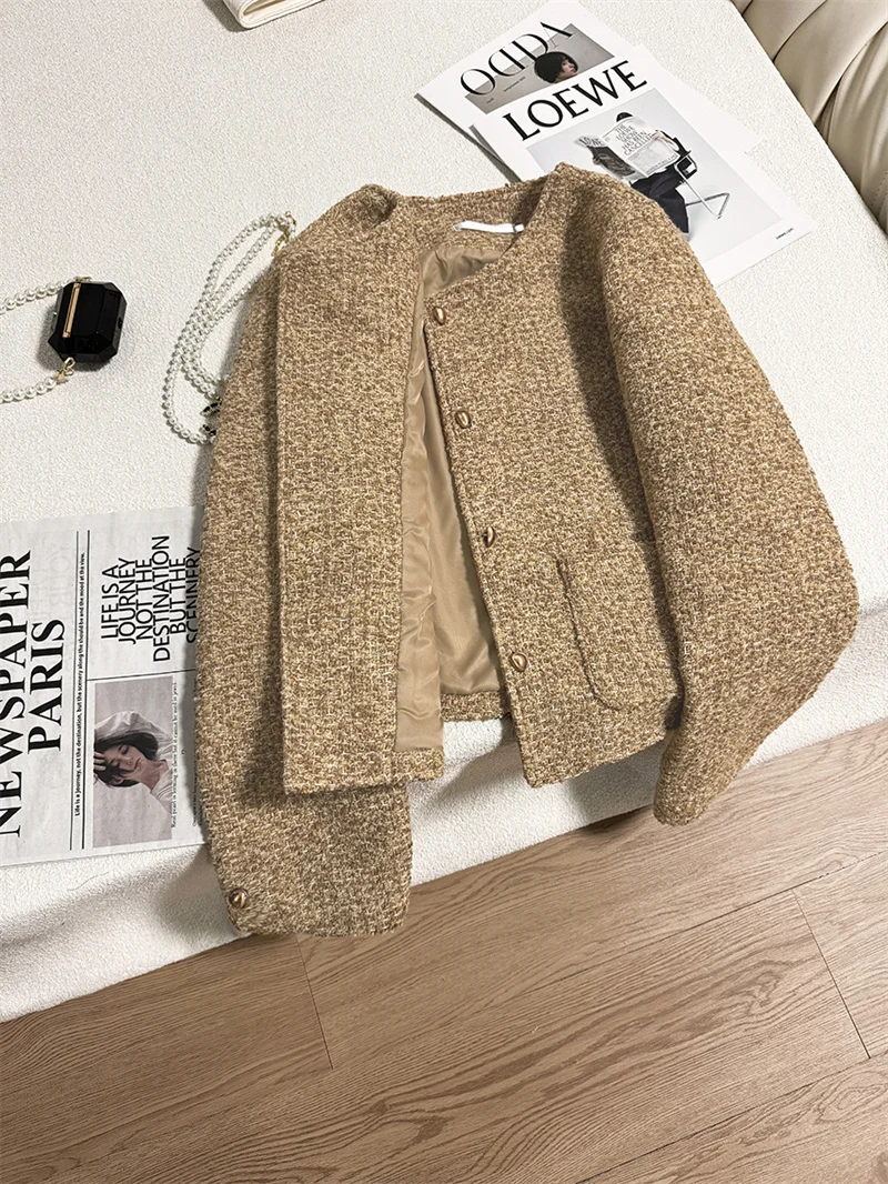 Plaid Woolen Jacket Pearl Buckle Short Coat Female Autumn And Winter Heavy Industry Houndstooth Striped Stitching Blazer Ladies