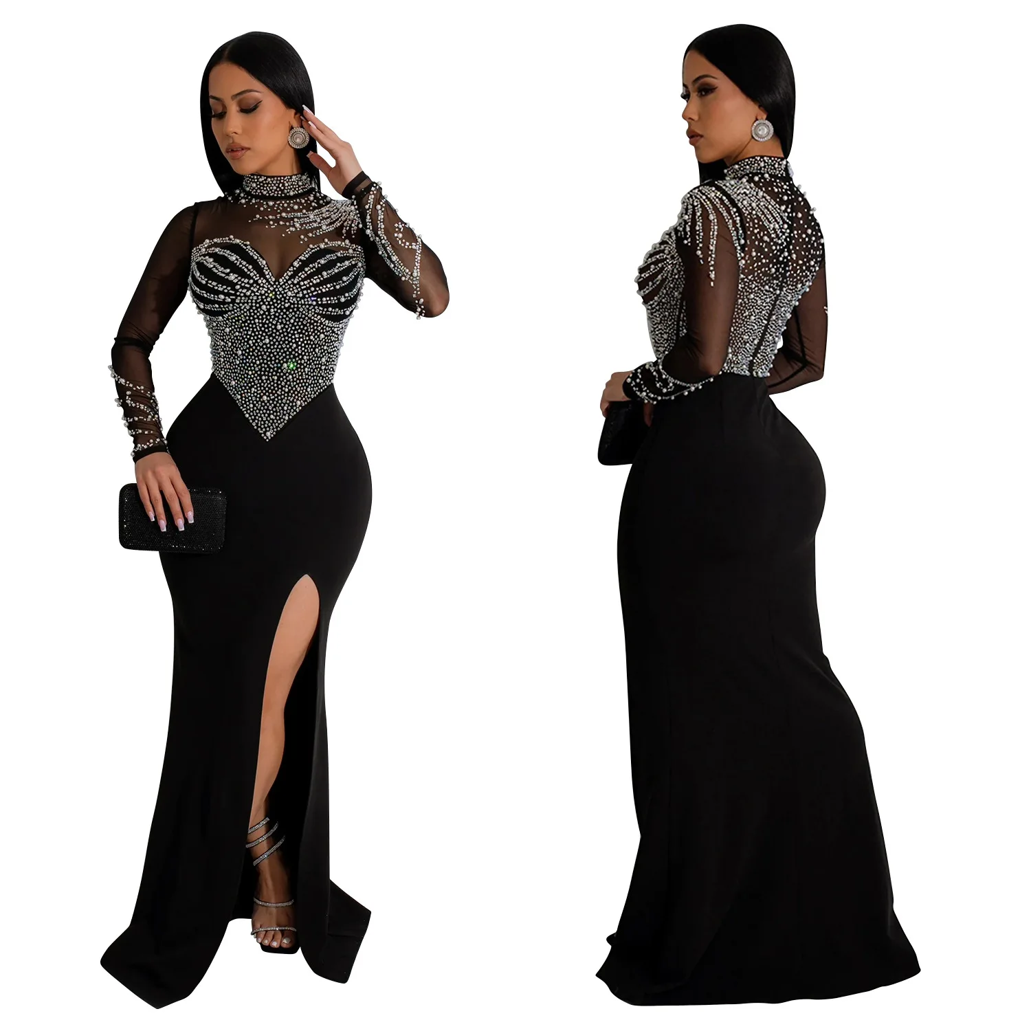 Women Dress Floor Length Dresses Mock Neck Mesh Diamond Slim Bodycon Sheath Splice Hot Drilling Elegant Gown Sexy Vestidos 2024