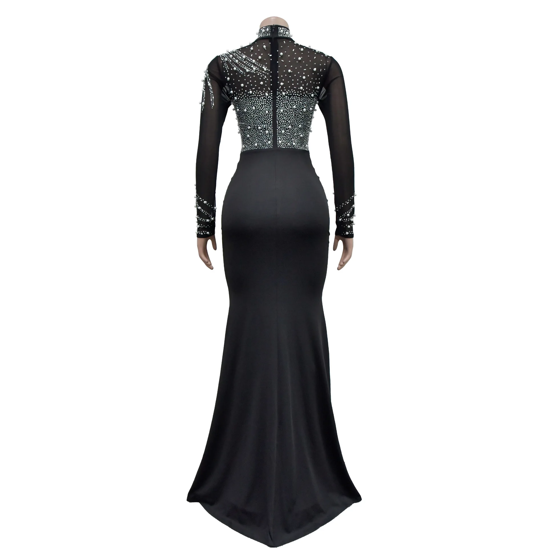 Women Dress Floor Length Dresses Mock Neck Mesh Diamond Slim Bodycon Sheath Splice Hot Drilling Elegant Gown Sexy Vestidos 2024