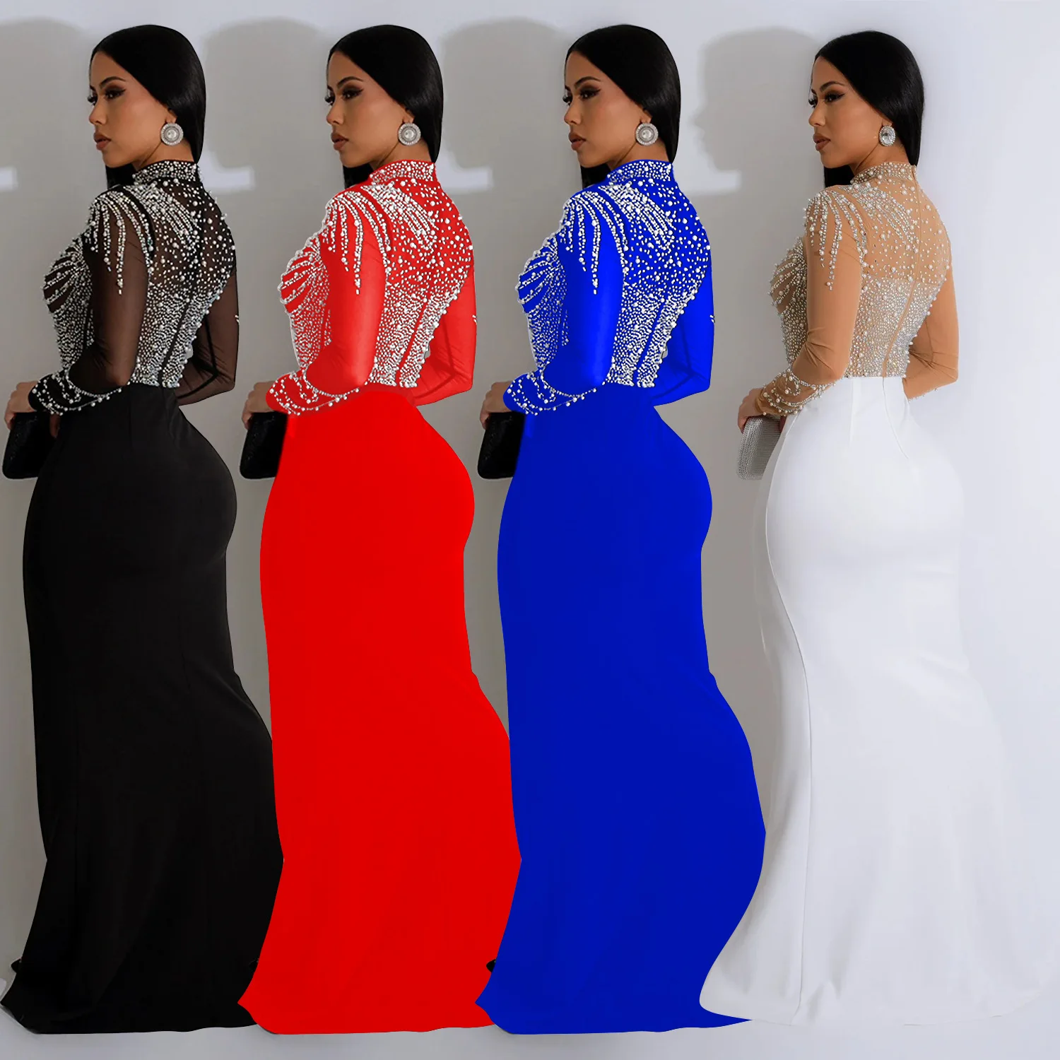 Women Dress Floor Length Dresses Mock Neck Mesh Diamond Slim Bodycon Sheath Splice Hot Drilling Elegant Gown Sexy Vestidos 2024