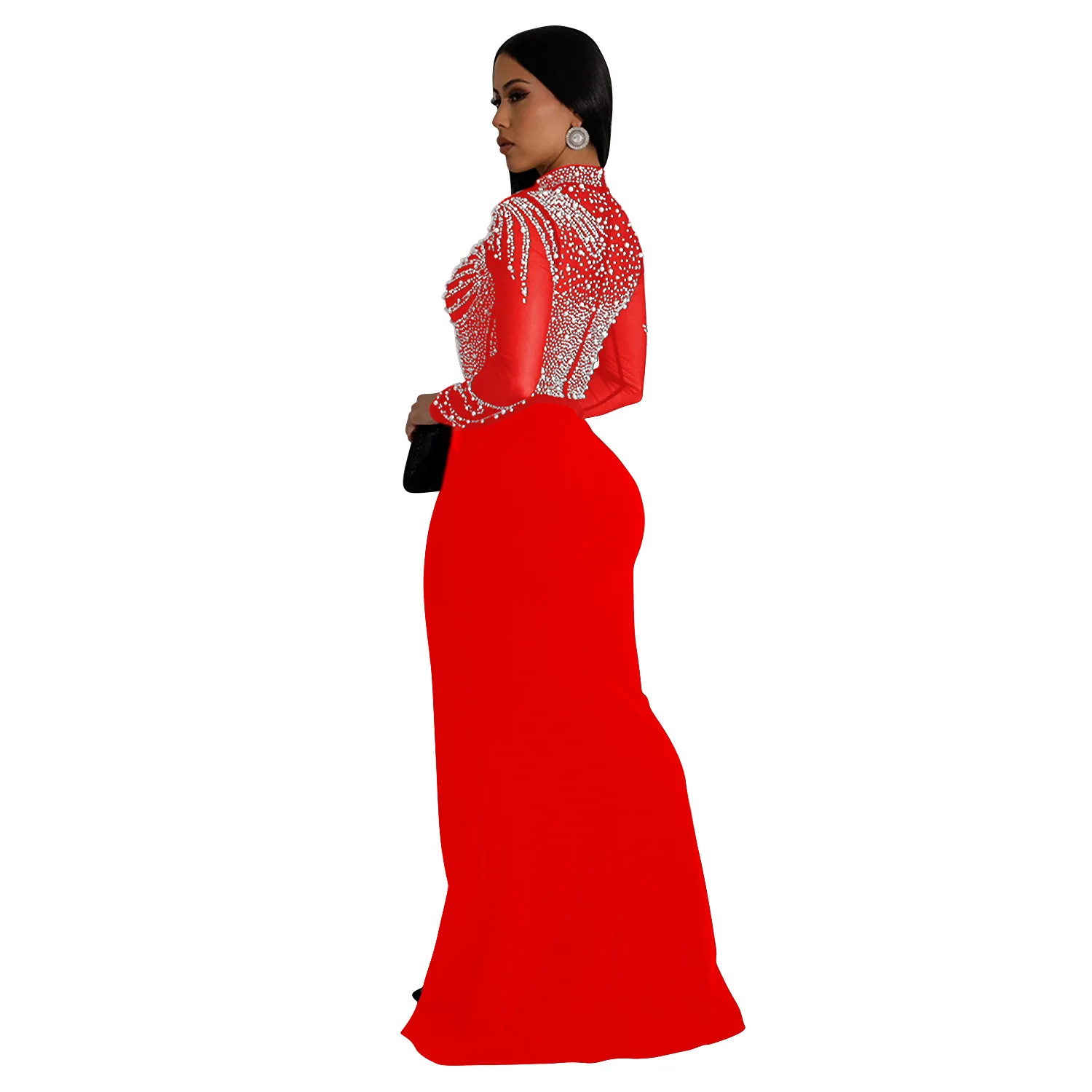 Women Dress Floor Length Dresses Mock Neck Mesh Diamond Slim Bodycon Sheath Splice Hot Drilling Elegant Gown Sexy Vestidos 2024