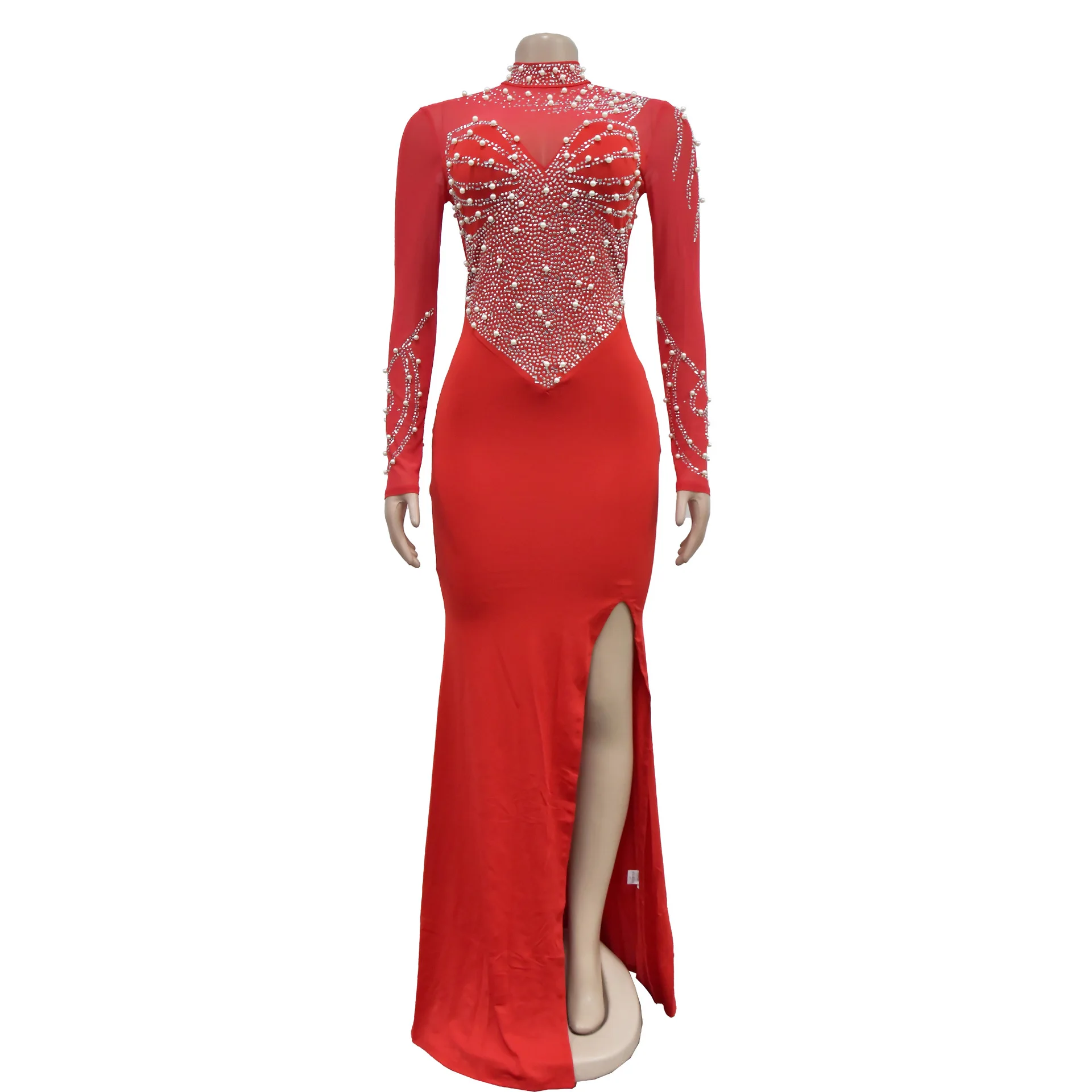 Women Dress Floor Length Dresses Mock Neck Mesh Diamond Slim Bodycon Sheath Splice Hot Drilling Elegant Gown Sexy Vestidos 2024