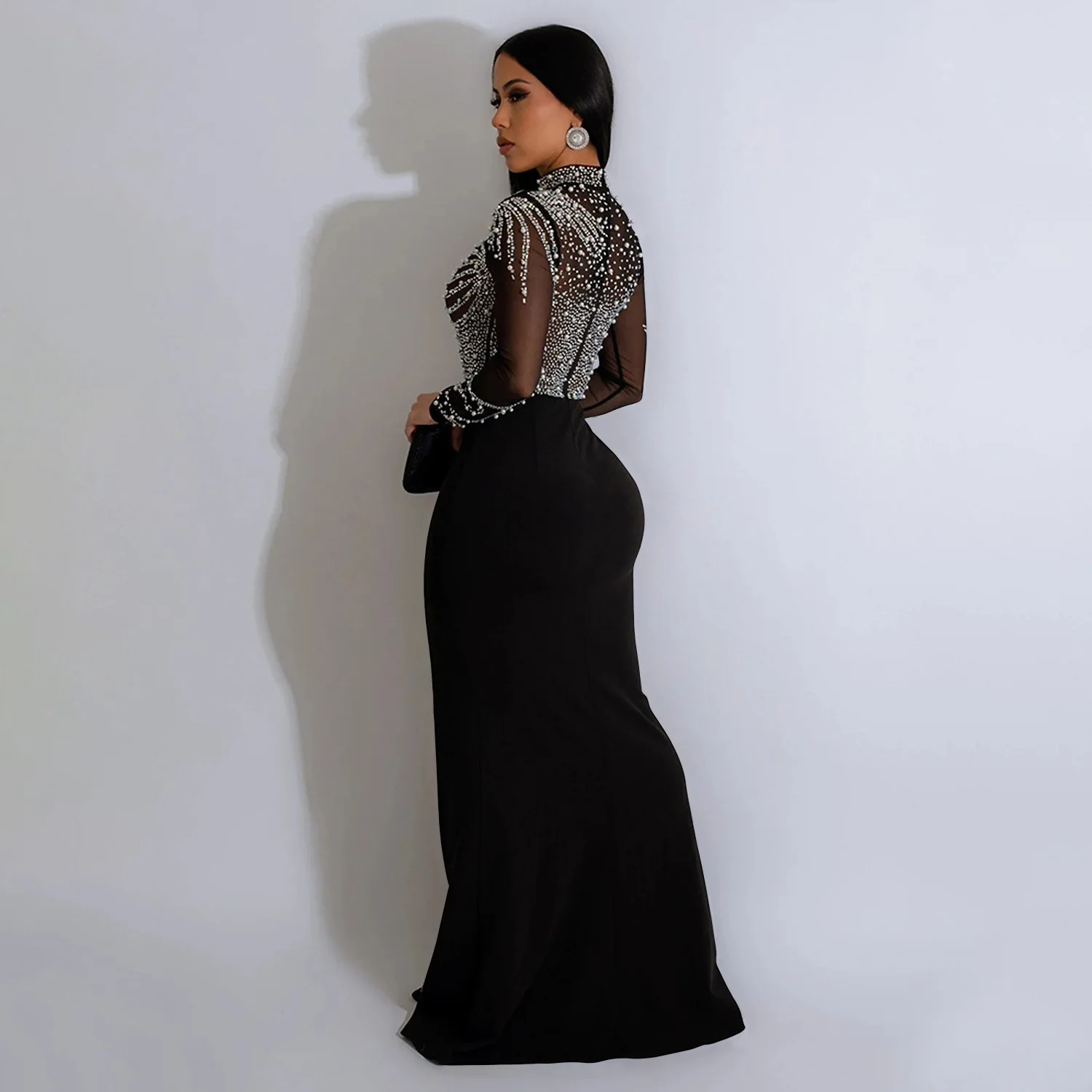Women Dress Floor Length Dresses Mock Neck Mesh Diamond Slim Bodycon Sheath Splice Hot Drilling Elegant Gown Sexy Vestidos 2024