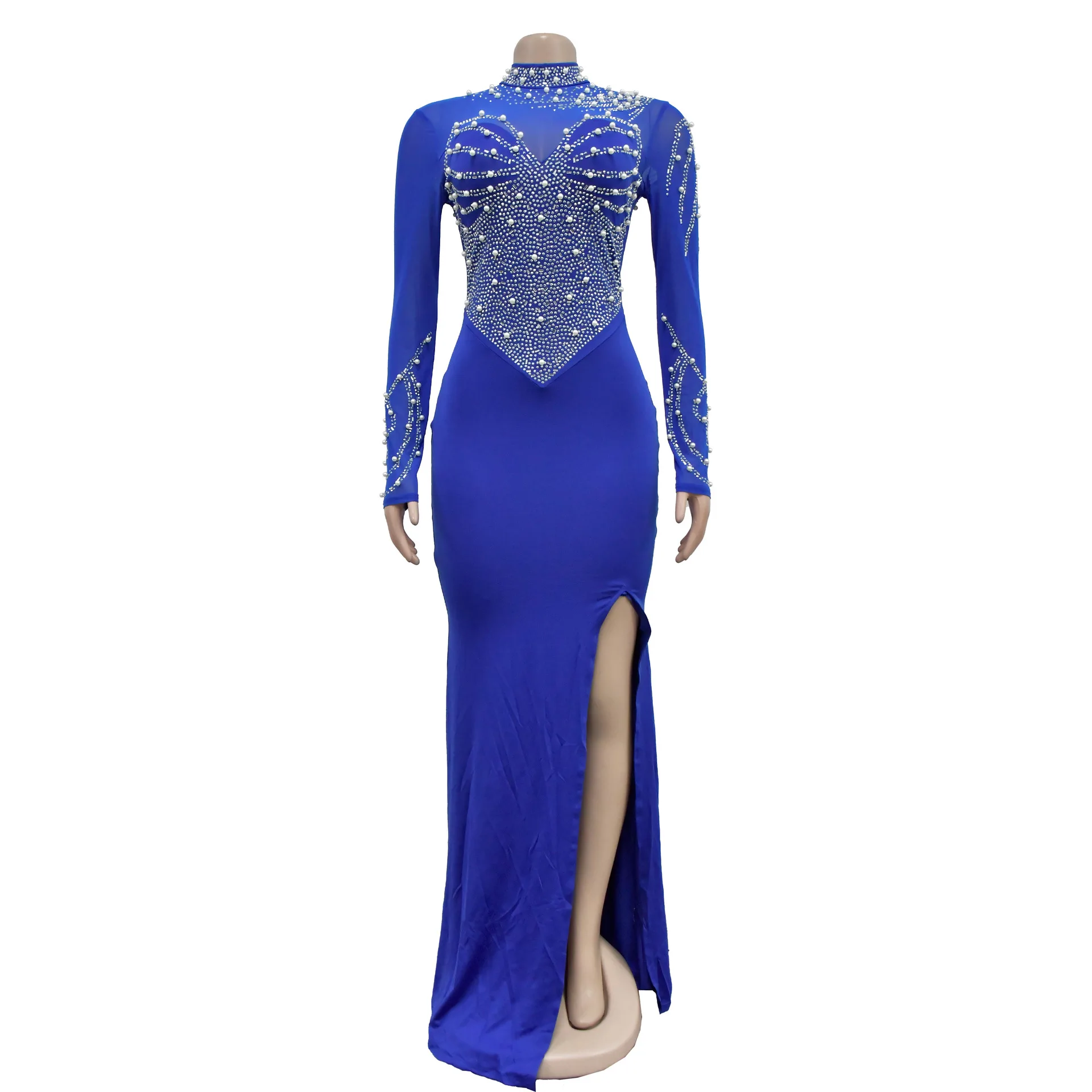 Women Dress Floor Length Dresses Mock Neck Mesh Diamond Slim Bodycon Sheath Splice Hot Drilling Elegant Gown Sexy Vestidos 2024