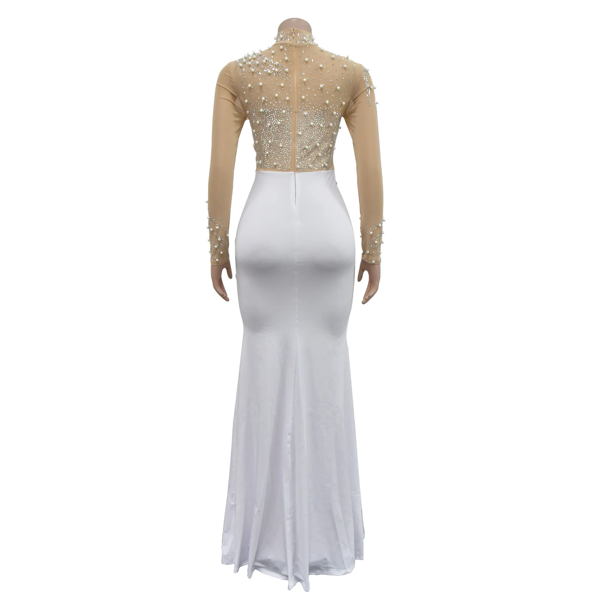 Women Dress Floor Length Dresses Mock Neck Mesh Diamond Slim Bodycon Sheath Splice Hot Drilling Elegant Gown Sexy Vestidos 2024