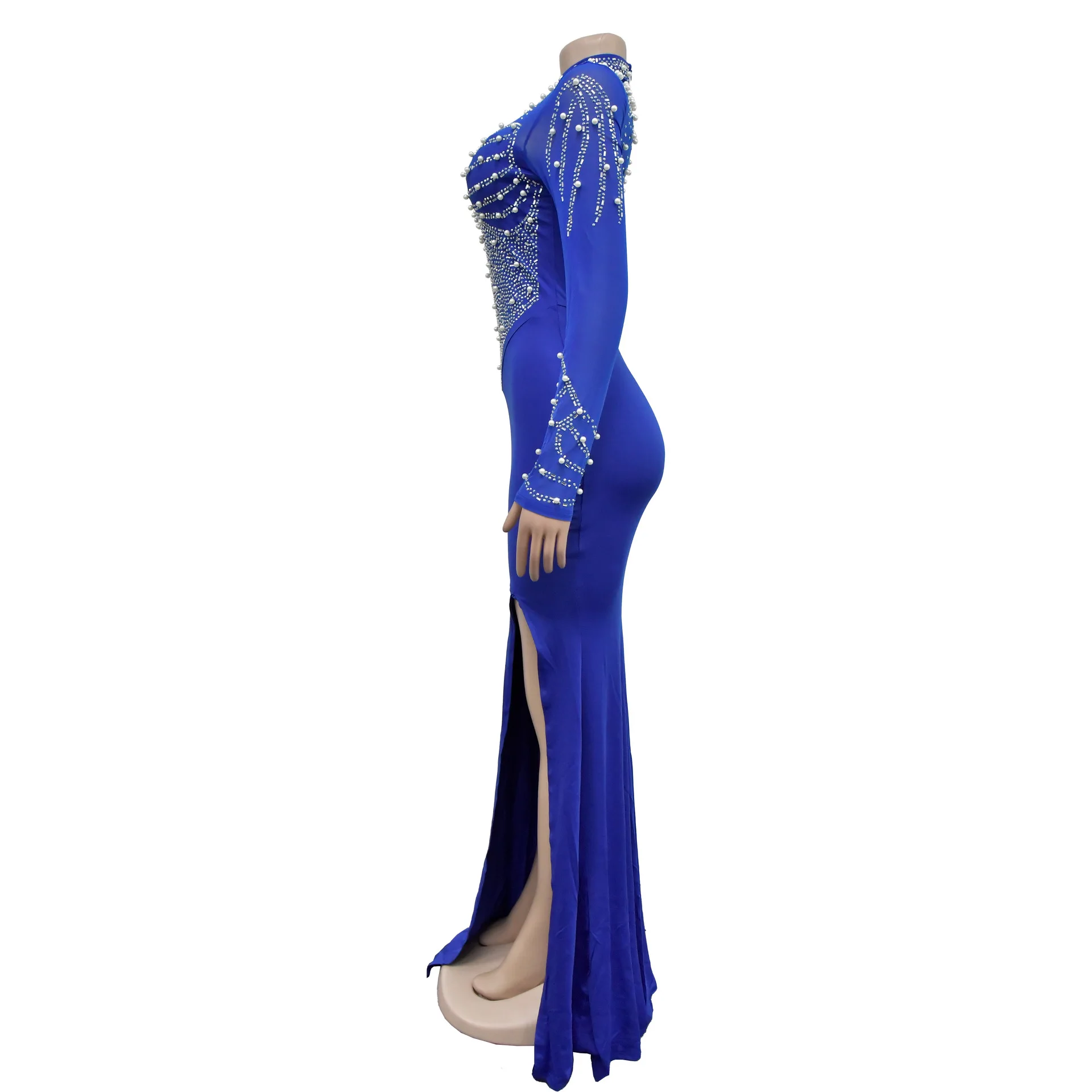 Women Dress Floor Length Dresses Mock Neck Mesh Diamond Slim Bodycon Sheath Splice Hot Drilling Elegant Gown Sexy Vestidos 2024