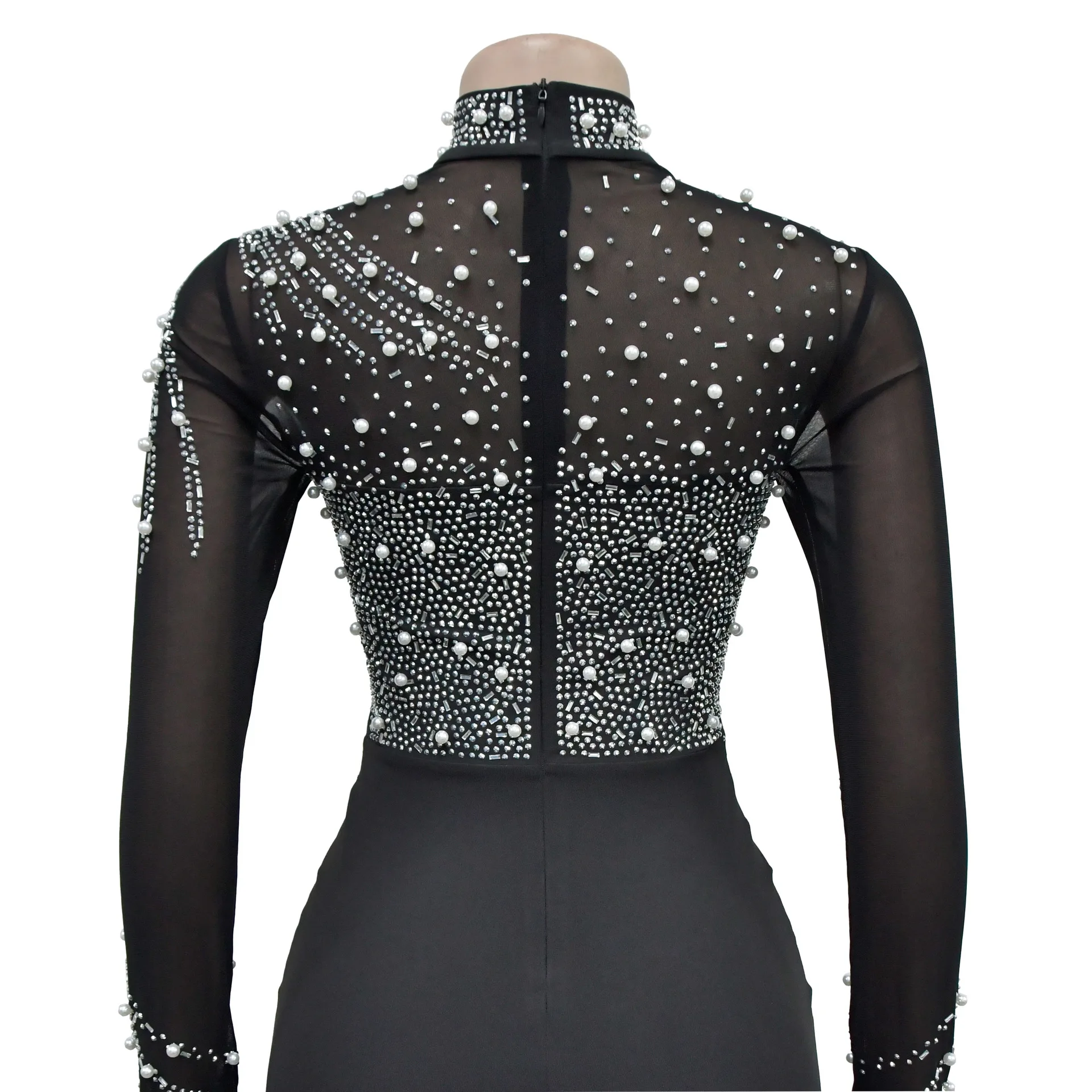 Women Dress Floor Length Dresses Mock Neck Mesh Diamond Slim Bodycon Sheath Splice Hot Drilling Elegant Gown Sexy Vestidos 2024