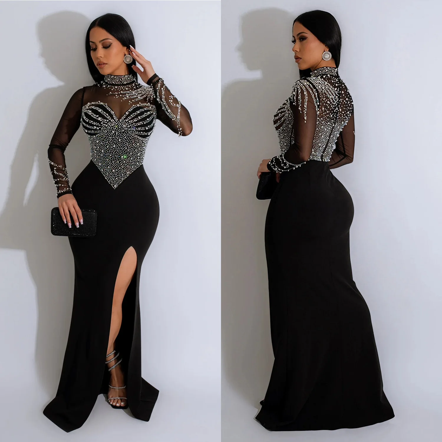 Women Dress Floor Length Dresses Mock Neck Mesh Diamond Slim Bodycon Sheath Splice Hot Drilling Elegant Gown Sexy Vestidos 2024