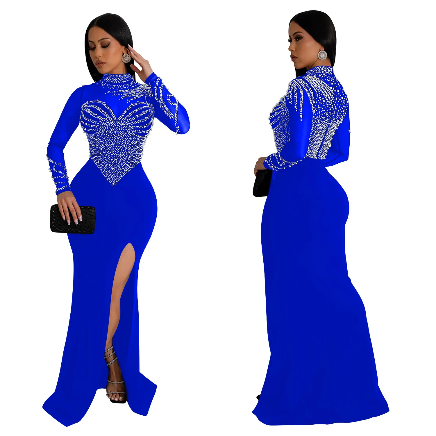 Women Dress Floor Length Dresses Mock Neck Mesh Diamond Slim Bodycon Sheath Splice Hot Drilling Elegant Gown Sexy Vestidos 2024