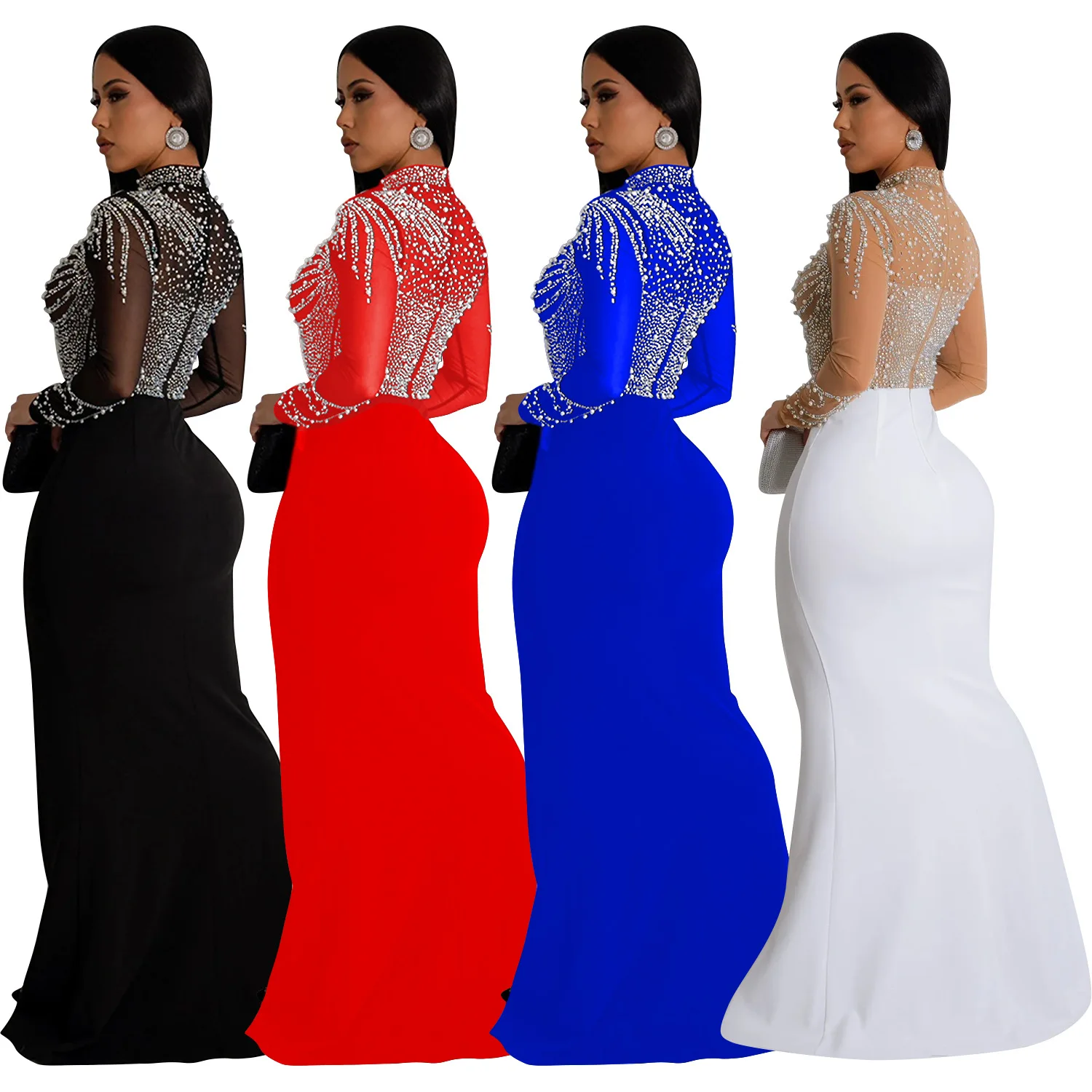 Women Dress Floor Length Dresses Mock Neck Mesh Diamond Slim Bodycon Sheath Splice Hot Drilling Elegant Gown Sexy Vestidos 2024