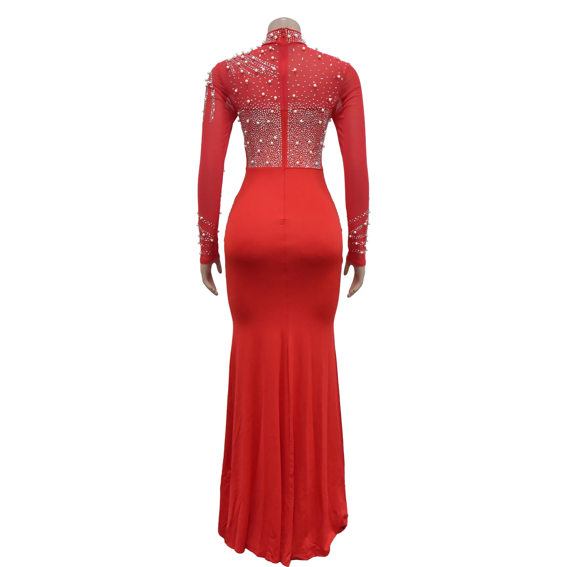 Women Dress Floor Length Dresses Mock Neck Mesh Diamond Slim Bodycon Sheath Splice Hot Drilling Elegant Gown Sexy Vestidos 2024