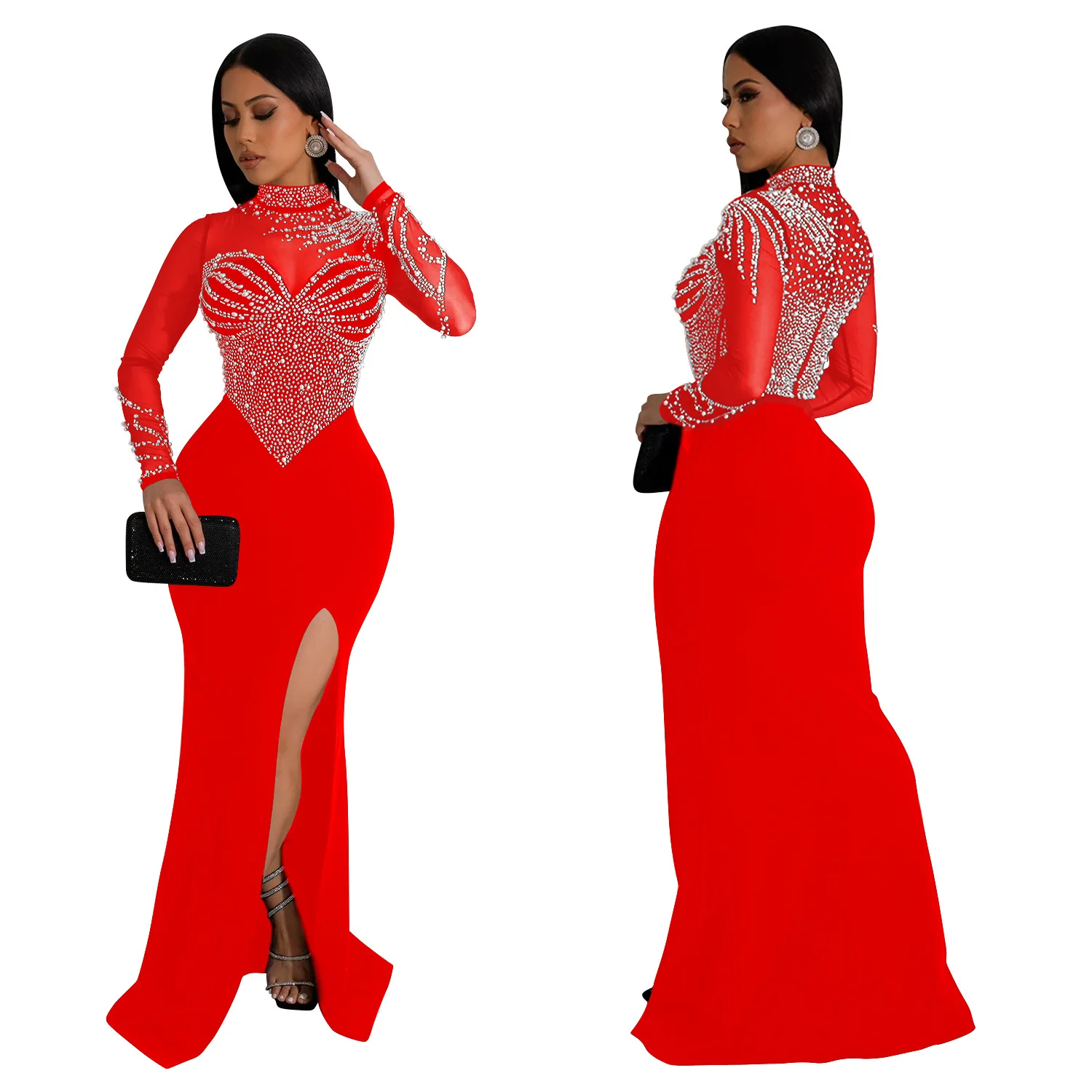 Women Dress Floor Length Dresses Mock Neck Mesh Diamond Slim Bodycon Sheath Splice Hot Drilling Elegant Gown Sexy Vestidos 2024