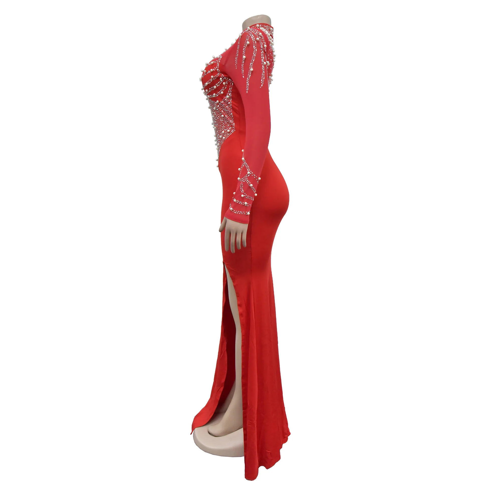 Women Dress Floor Length Dresses Mock Neck Mesh Diamond Slim Bodycon Sheath Splice Hot Drilling Elegant Gown Sexy Vestidos 2024