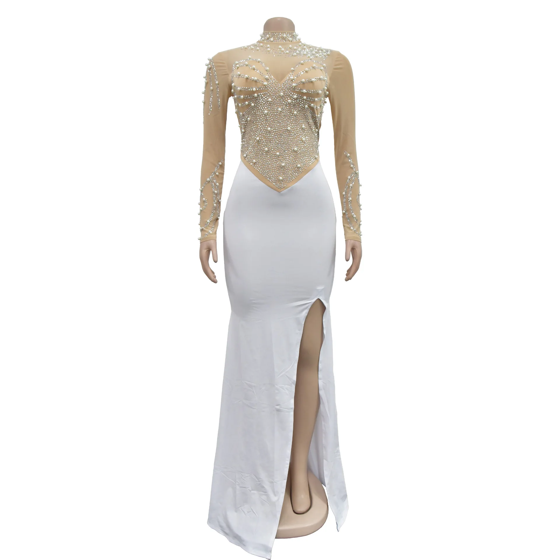 Women Dress Floor Length Dresses Mock Neck Mesh Diamond Slim Bodycon Sheath Splice Hot Drilling Elegant Gown Sexy Vestidos 2024