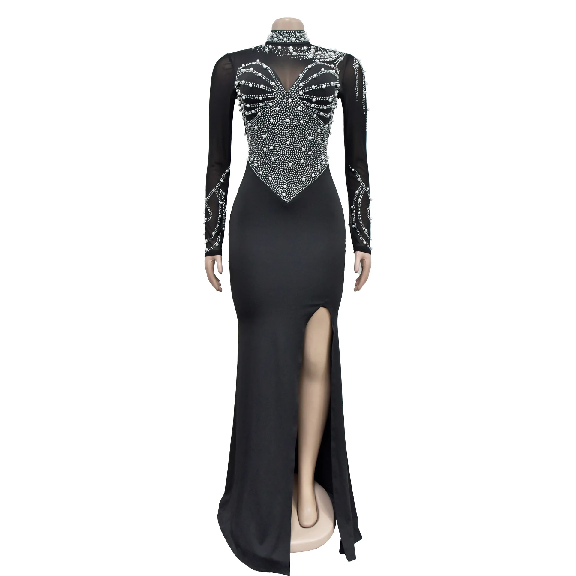 Women Dress Floor Length Dresses Mock Neck Mesh Diamond Slim Bodycon Sheath Splice Hot Drilling Elegant Gown Sexy Vestidos 2024