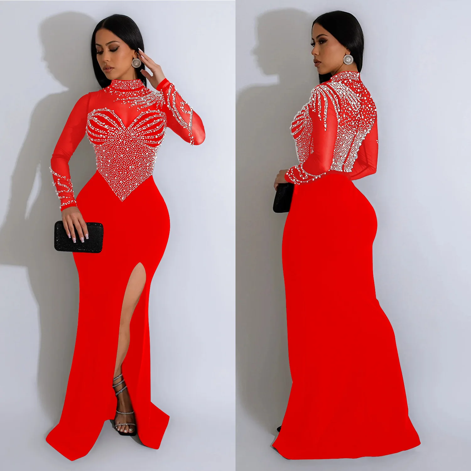 Women Dress Floor Length Dresses Mock Neck Mesh Diamond Slim Bodycon Sheath Splice Hot Drilling Elegant Gown Sexy Vestidos 2024