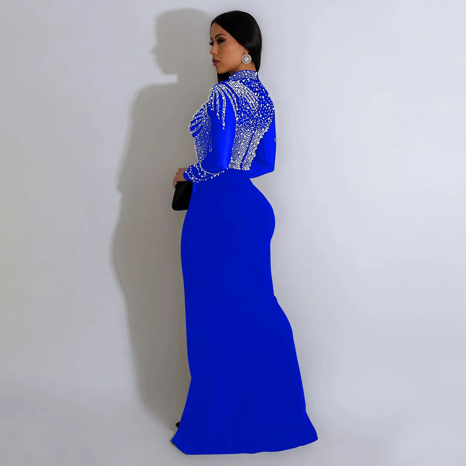Women Dress Floor Length Dresses Mock Neck Mesh Diamond Slim Bodycon Sheath Splice Hot Drilling Elegant Gown Sexy Vestidos 2024