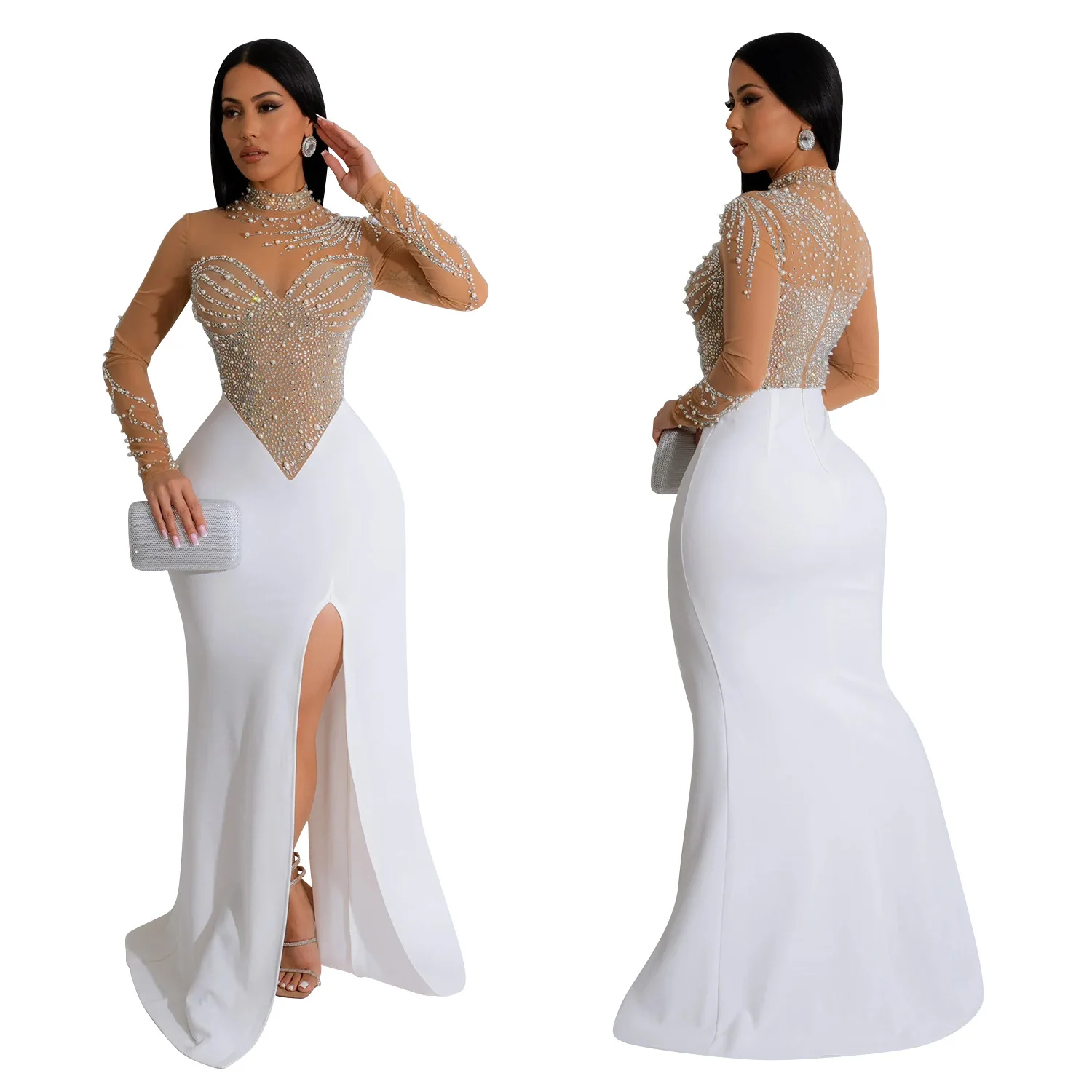 Women Dress Floor Length Dresses Mock Neck Mesh Diamond Slim Bodycon Sheath Splice Hot Drilling Elegant Gown Sexy Vestidos 2024