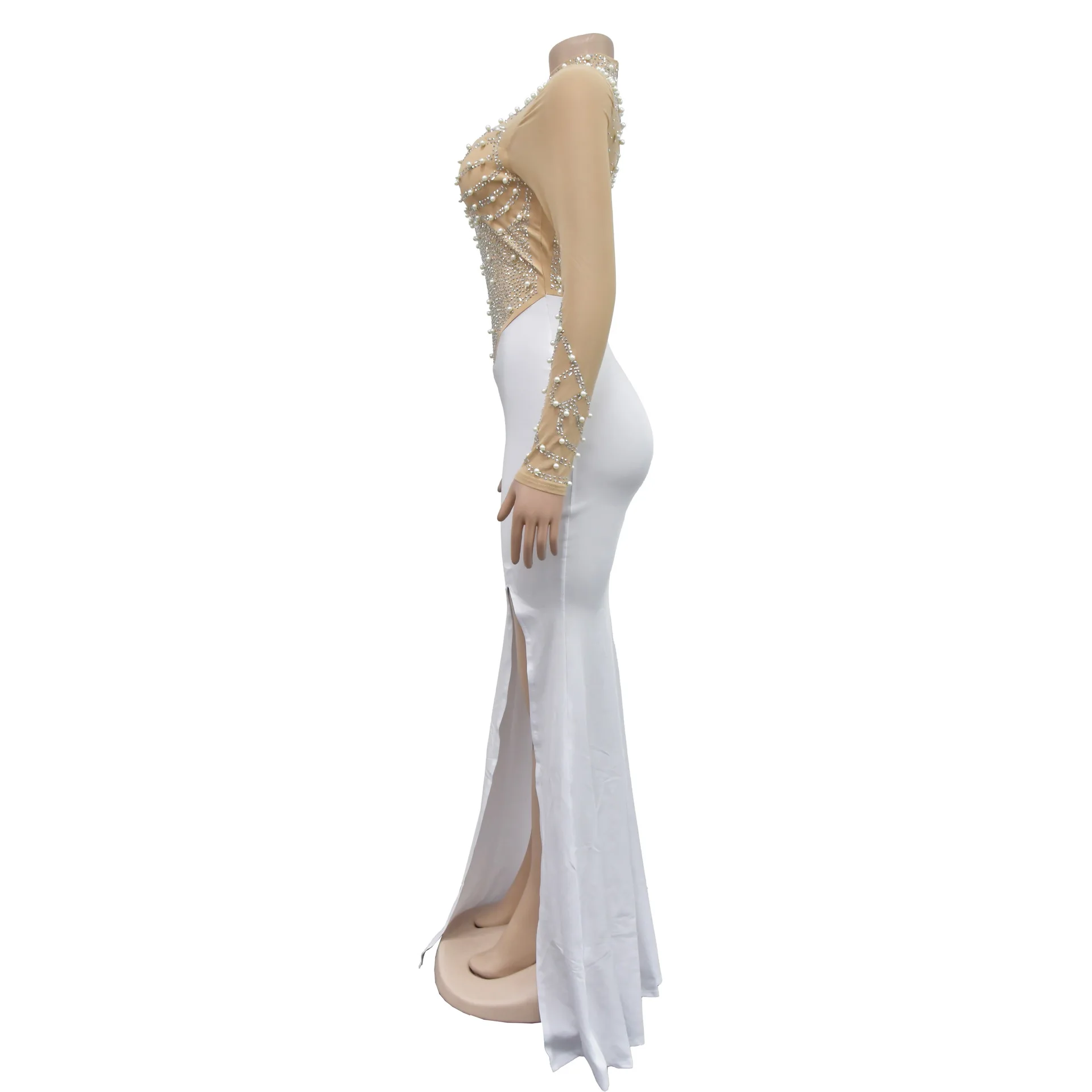 Women Dress Floor Length Dresses Mock Neck Mesh Diamond Slim Bodycon Sheath Splice Hot Drilling Elegant Gown Sexy Vestidos 2024