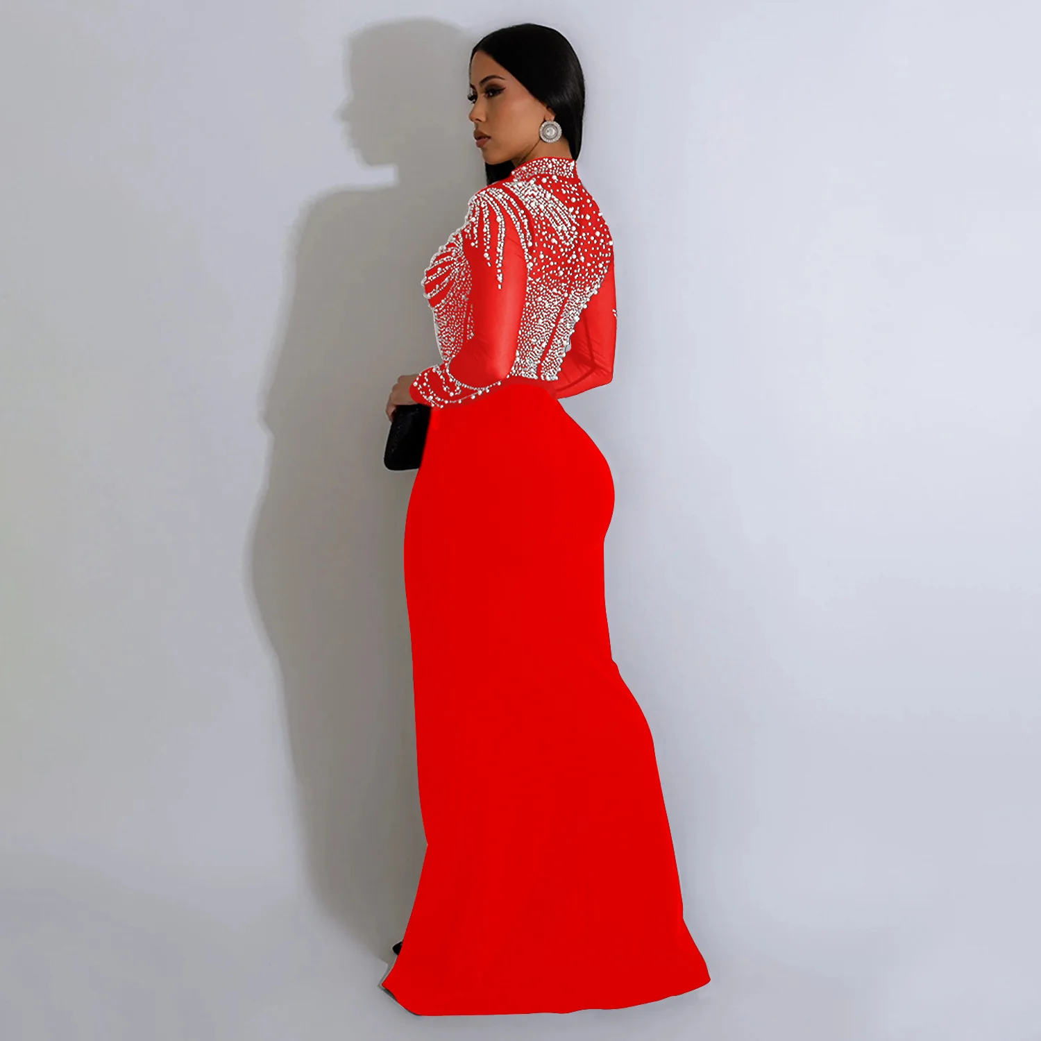 Women Dress Floor Length Dresses Mock Neck Mesh Diamond Slim Bodycon Sheath Splice Hot Drilling Elegant Gown Sexy Vestidos 2024
